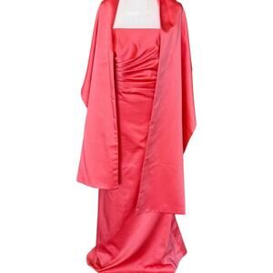 VTG 90s Cache Pink Satin Strapless Ruched Evening Gown & Shawl Formal Prom Y2K